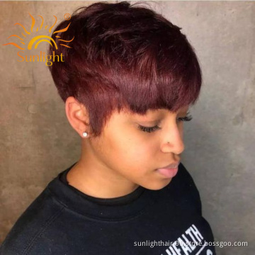 Bas prix de gros 99j rouge couleur vrai cheveux humaine bresilienne perruque coupe courte pixie Bob cheveux humains pour femme